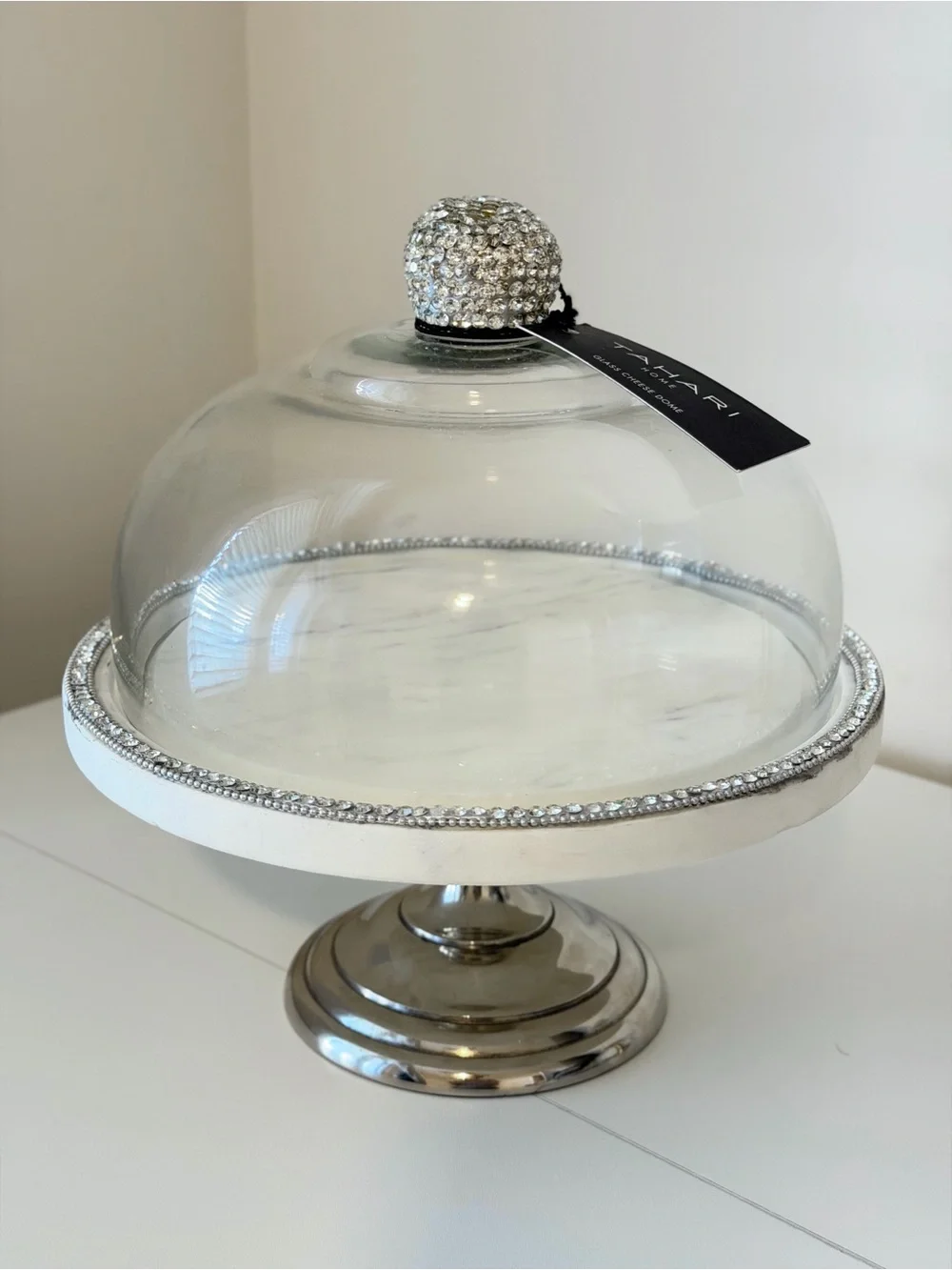 Tahari Home Glass Cheese Dome Cake Stand Marble Rhinestone Pedestal Server 10.5”